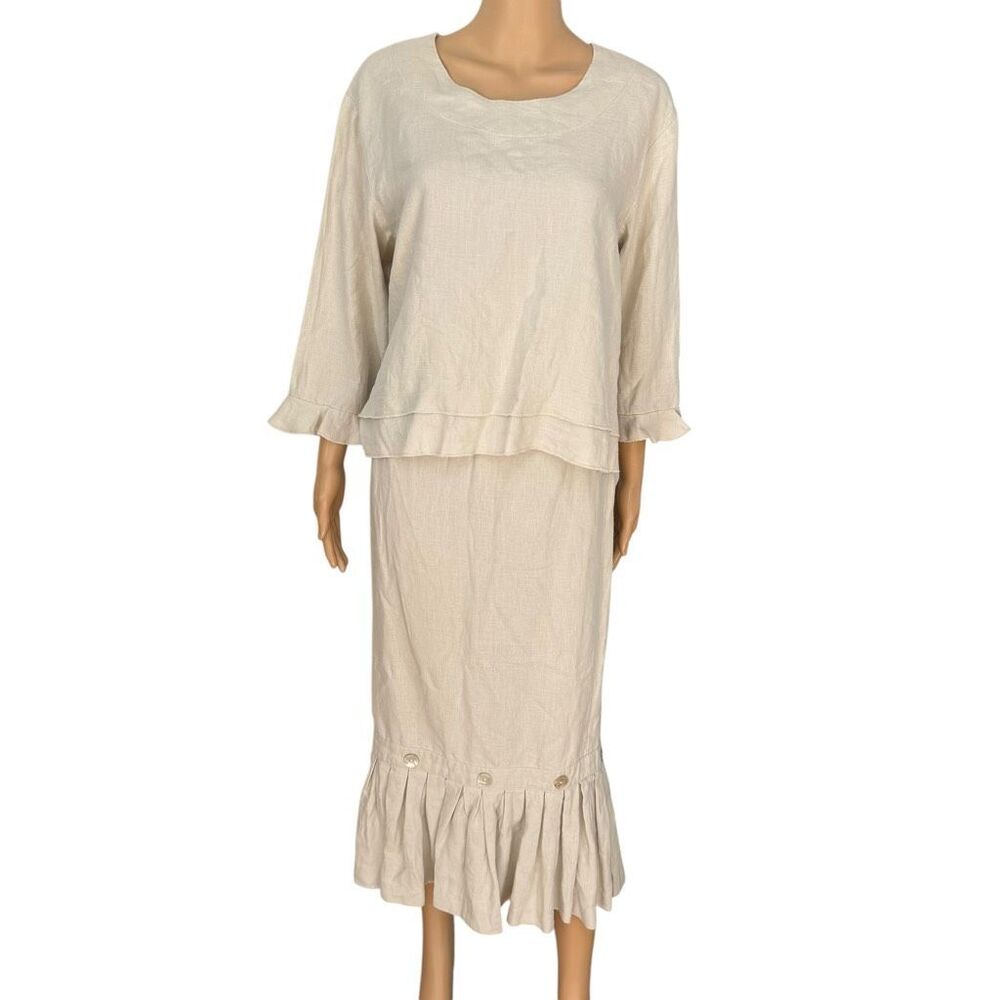 Two Wishes 100% Linen 2-Piece Skirt Set Beige Top S & Skirt M Cottagecore Boho